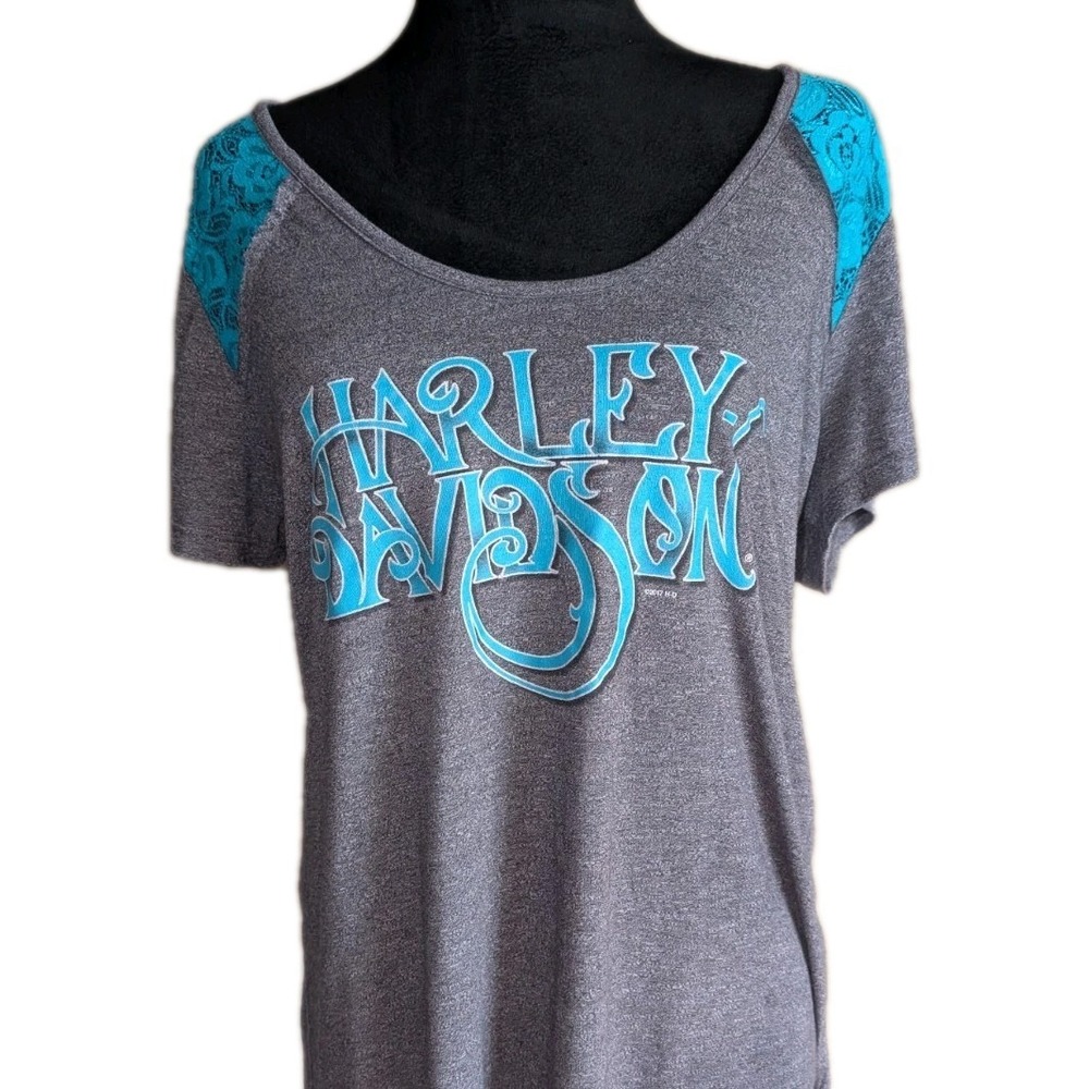 Harley Davidson Gray‎ Turquoise Lace Short Sleeve Scoop-Neck T-Shirt  XL  EUC